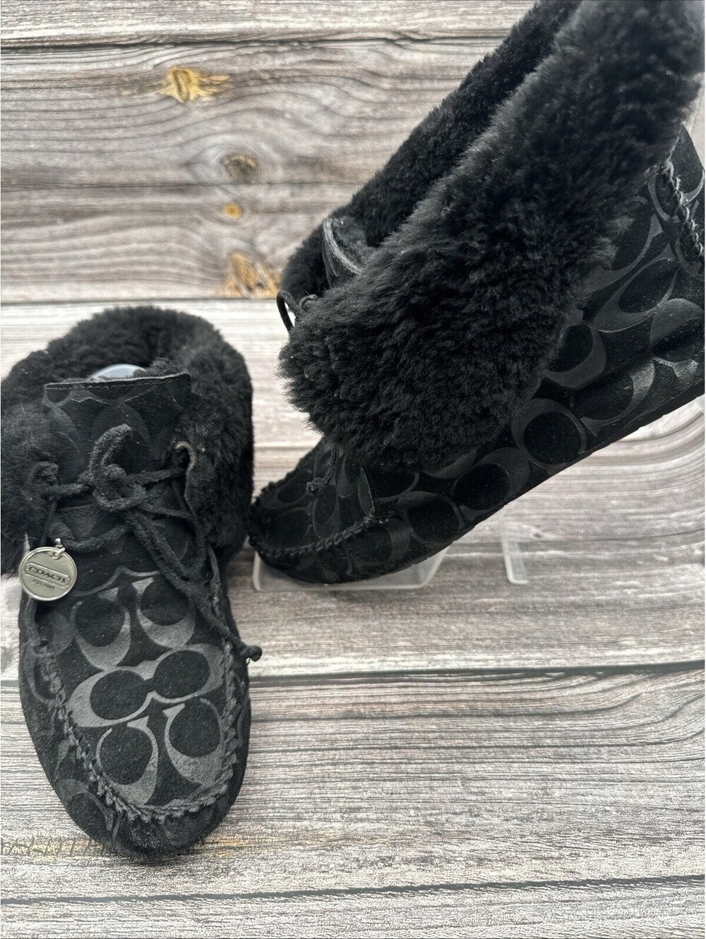 Women’s Coach moccasins black Sz 9 Quiet Luxury Streetcore Faux Fur Cozy Logo